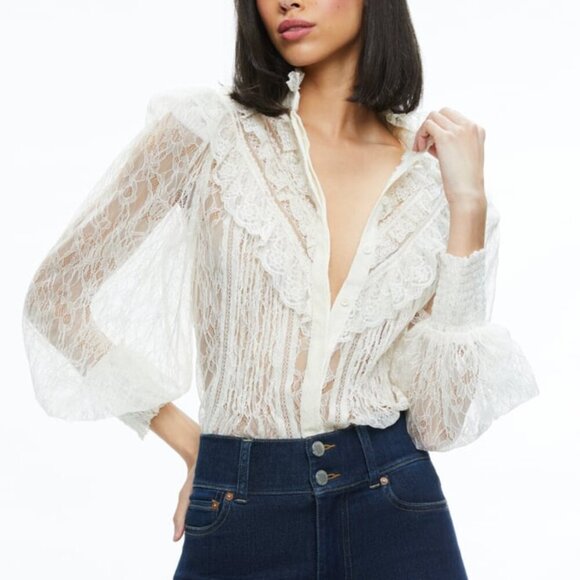 Alice + Olivia Tops - Alice + Olivia | RHEBA MOCK NECK BUTTON FRONT LACE TOP